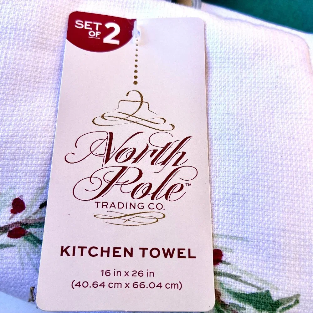Christmas Cotton Kitchen Towel 2 Pack Green & White Holly JOY by North Pole NEW